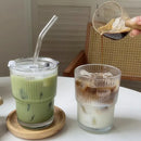 Ljojo 450ml Stripe Glass Cup with Lid and Straw - Drink in Style with this Elegant Glassware.