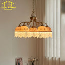 French Retro Medieval Cream Wind Chandelier Lighting LED E27 Iron Art Fringe Ceramics Pendant Lights for Living/Dining Room