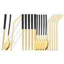 Ljojo Mirror Black Flatware Set: 18Pcs Stainless Steel Cutlery, Chopsticks, Spoon, Straws