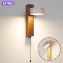 Japanese Wabi Sabi Yellow Travertine Wall Lamp Pull Chain LED Wood Stone Lights by Ljojo