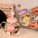 Cute Bear Glass Cup Aesthetic Tumbler With Lid and Straw for Coffee Tea Juice - Ljojo