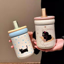 Ljojo 500ml Stainless Steel Cat Coffee Tumbler Thermos with Straw and Handle