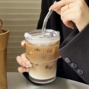 Ljojo 450ml Stripe Glass Cup with Lid and Straw - Drink in Style with this Elegant Glassware.