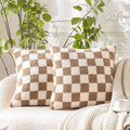 Ljojo Luxe Checkerboard Cushion Cover in Khaki Coffee Wool Faux Fur - Home Decor