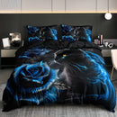 Black Cat Blue Rose Duvet Cover Set - Ljojo Floral Animal Bedding