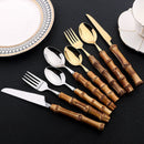 Ljojo 24Pcs Natural Bamboo Handle Stainless Steel Dinnerware Set