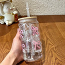 Ljojo 16.9oz Bow Plastic Tumbler Jar Water Bottle with Lid & Straw