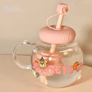 Cute Bear Glass Cup Aesthetic Tumbler With Lid and Straw for Coffee Tea Juice - Ljojo