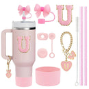 Ljojo 10-Piece Cup Accessories Set with Straws, Brush, Flower Charm, & Spill-Proof Stopper