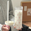 Ljojo 500/850ML Pink Bow Straw Water Bottle Cute Coffee Bubble Milk Tea Cup