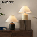Ljojo Ceramic Table Lamp LED Night Light Fabric Lampshade Bedroom Decor Pottery Jar Style