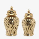 Ljojo™ Gold Ceramic Temple Jar with Lid, Home Decorative Vase, Hollow Storage Jar