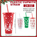 Ljojo 24oz Christmas Plastic Cup with Straw and Lid for Santa Parties