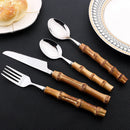Ljojo 24Pcs Natural Bamboo Handle Stainless Steel Dinnerware Set