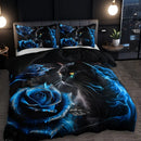 Black Cat Blue Rose Duvet Cover Set - Ljojo Floral Animal Bedding