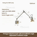 Nordic Vintage Copper Swing Arm Wall Lamp 360º Adjustable Bedside Sconce by Ljojo