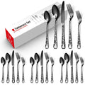 Ljojo 20PCS Stainless Steel Black Plated Cutlery Set with Engraved Handle for Christmas