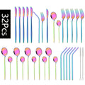 Ljojo 32-Piece Stainless Steel Black Cutlery Set Knife Fork Spoon Straw Flatware
