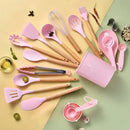 Ljojo 34-Piece Silicone Utensils Set with Wooden Handles