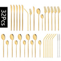 Ljojo 32-Piece Stainless Steel Black Cutlery Set Knife Fork Spoon Straw Flatware