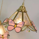 Antique Brass Stained Glass Chandelier Japanese Style Butterfly Lamp by Ljojo