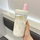 Ljojo 500/850ML Pink Bow Straw Water Bottle Cute Coffee Bubble Milk Tea Cup