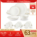 Ljojo 16/32-Piece White Bone Tableware Set with Golden Rim, Dinnerware & Bowl Set