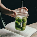 Ljojo 450ML Clear Glass Iced Coffee Cup with Lid and Straw, Stylish Transparent Drinkware