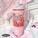 Ljojo 1000ML Plastic Water Bottle with Straw and Handle, Outdoor Sports Camping Double Drink Cup