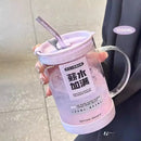 Ljojo 1000ml Glass Cup Lid Straw Handle Large Kawaii Tumbler Juice Drinking Bottle