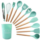 Ljojo 12PCS Silicone Kitchen Utensils Set with Wooden Handle - Non-Stick Cookware & Egg Beaters