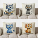 Cute Blue Cat Reading Book Pillow Cover for Sofa, Bedroom, Car - Ljojo
