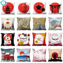 Ljojo Lucky Cat Mount Fuji Art Cushion Cover - Japanese Style Throw Pillow