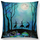 Cute Cat Moon Night Wonderland Witch Halloween Dance Pillow Cover by Ljojo