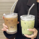 Ljojo 450ml Stripe Glass Cup with Lid and Straw - Drink in Style with this Elegant Glassware.