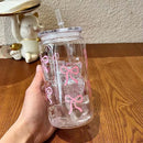 Cute Bow Plastic Cup with Lid & Straw, Ljojo Tumbler Jar - Party Gift for Coffee, Juice, Water