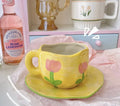 Ljojo 10oz Korean Style Ceramic Coffee Mug with Saucer Hand Painted Tea Cup Set