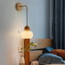 Ljojo LED Wall Sconce Walnut Wood Pull Chain Switch Art Light