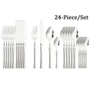 Ljojo 24-Piece Stainless Steel Cutlery Set: Black Silverware Flatware Fork Knife Spoon