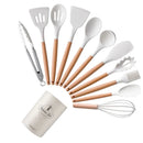 Ljojo 12-Piece Silicone Utensils Set with Wooden Handles for Non-Stick Cooking