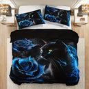 Black Cat Blue Rose Duvet Cover Set - Ljojo Floral Animal Bedding