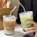Ljojo 450ml Stripe Glass Cup with Lid and Straw - Drink in Style with this Elegant Glassware.