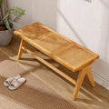 Ljojo™ Farmhouse Rattan Bench With Footrest - Wood Cane Seat