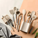 Ljojo 13-Piece Silicone Kitchen Utensil Set with Stainless Steel Handles and Storage Bucket