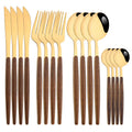 Ljojo 16Pcs Brown Gold Stainless Steel Dinnerware Set with Wooden Handle