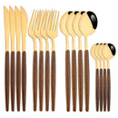 Ljojo 16Pcs Brown Gold Stainless Steel Dinnerware Set with Wooden Handle