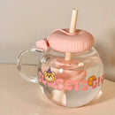 Cute Bear Glass Cup Aesthetic Tumbler With Lid and Straw for Coffee Tea Juice - Ljojo
