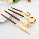 Ljojo 16Pcs Brown Gold Stainless Steel Dinnerware Set with Wooden Handle