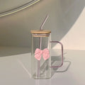 Ljojo 350ML Square Mug with Lids, Straws, Bow Handle - Pink Female Milk Coffee Cup