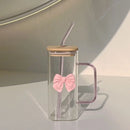 Ljojo 350ML Square Mug with Lids, Straws, Bow Handle - Pink Female Milk Coffee Cup